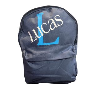 Personalised navy blue backpack with the name Lucas and large blue initial L printed on the front.
