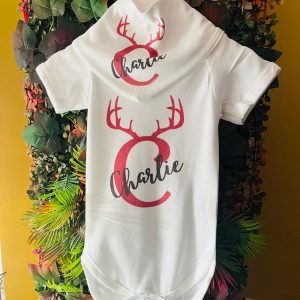 Baby vest with personalised reindeer image on the front
